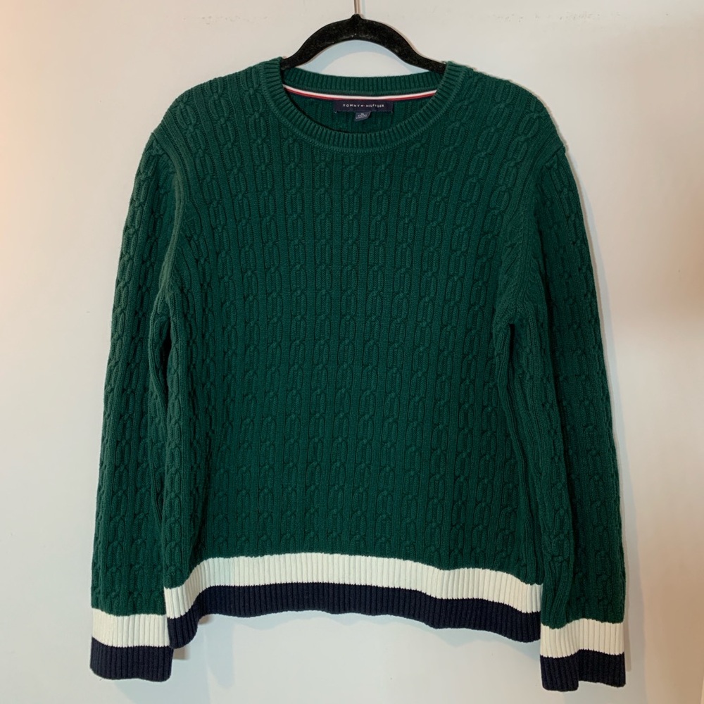TOMMY HILFIGER Cozy Green Navy and White Striped Trim Cable Knit Sweater